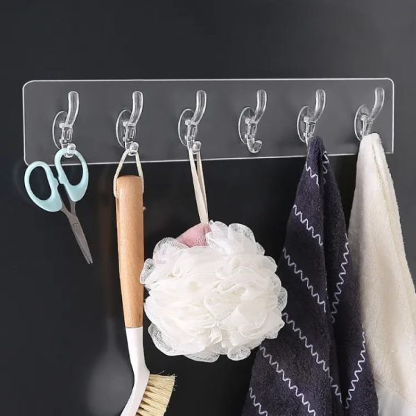 6 Row Self-Adhesive Transparent Wall Hooks – Multi-Purpose Towel, Key, and Coat Holder